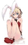  animal_ears ankle_ribbon arm_support bangs bare_legs bare_shoulders blonde_hair blue_eyes blush body_blush bow bowtie braid breasts bunny_ears bunnysuit collarbone darjeeling detached_collar fake_animal_ears girls_und_panzer hair_between_eyes hair_ornament hairband hand_on_own_knee legs leotard looking_at_viewer mary_janes medium_breasts red_footwear red_leotard ribbon shoes short_hair simple_background sitting smile solo thighs tied_hair twin_braids white_background wrist_cuffs yumesato_makura 