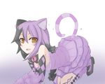  absurdres all_fours animal_ears argyle bare_shoulders bell black_hair bow bowtie brown_eyes cat_ears cat_tail cheshire_cat_(monster_girl_encyclopedia) child crawling dress gradient gradient_background hair_bow highres jingle_bell long_hair looking_at_viewer monster_girl monster_girl_encyclopedia multicolored_hair open_mouth purple_dress purple_hair solo striped_tail tail two-tone_hair younger 