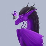  ambiguous_gender black_hair claws dragon feral grey_background hair horn membranous_wings nude oksara purple_hair purple_scales scales simple_background smile solo wings 