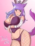  animal_ears bare_shoulders black_eyes breasts bunny_ears cat_ears cat_tail cleavage covered_navel dazol derivative_work fake_animal_ears final_fantasy final_fantasy_xiv fishnet_pantyhose fishnets hair_ornament large_breasts long_hair miqo'te nipples pantyhose pointy_ears purple_hair smile solo tail thighs wide_hips wrist_cuffs 