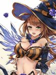  arms_behind_back bare_shoulders beatrix_(granblue_fantasy) blush breasts brown_hair cleavage gradient gradient_background granblue_fantasy green_eyes halloween halloween_costume hat long_hair looking_at_viewer medium_breasts midriff navel open_mouth rope solo tears white_crow witch_hat 