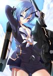  hair_between_eyes heterochromia highres horns io_(pso2) light_blue_hair looking_at_viewer phantasy_star phantasy_star_online_2 short_hair smile solo sukage tattoo weapon 