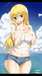  1girl blonde_hair blush breasts brown_eyes clouds fairy_tail gaston18 hot_pants large_breasts long_hair lucy_heartfilia no_bra tagme wet_shirt 