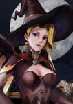  alternate_costume blonde_hair blue_eyes breasts brooch capelet cleavage earrings elbow_gloves eyelashes full_moon gloves halloween halloween_costume hat highres jewelry lips looking_at_viewer mechanical_wings medium_breasts mercy_(overwatch) moon night nose oroo outdoors overwatch short_sleeves solo upper_body wings witch witch_hat witch_mercy 