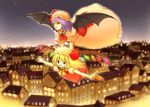  :d ascot bat_wings blonde_hair building carrying city dress eijima_moko flandre_scarlet flying hat hat_ribbon jpeg_artifacts multiple_girls night night_sky open_mouth outdoors outstretched_arms puffy_short_sleeves puffy_sleeves purple_hair red_eyes remilia_scarlet ribbon short_sleeves siblings side_ponytail sisters skirt skirt_set sky smile spread_arms touhou wings 
