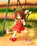  animal animal_ears ascot blush cat cat_ears cat_tail chen collared_shirt dress eijima_moko full_body grass ground highres hill jpeg_artifacts long_sleeves looking_at_viewer mary_janes multiple_tails orange_sky outdoors red_dress red_footwear shadow shirt shoes sky smile socks solo swing tail touhou two_tails white_shirt 