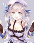  :d beret between_breasts blue_eyes breasts cleavage collarbone cucouroux_(granblue_fantasy) dual_wielding eyebrows eyebrows_visible_through_hair granblue_fantasy grey_background gun hair_ribbon hat holding holding_gun holding_weapon jacket long_hair medium_breasts myusha open_clothes open_jacket open_mouth ribbon silver_hair simple_background smile solo strap strap_cleavage striped striped_ribbon twintails weapon white_hat white_jacket 