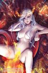  a_song_of_ice_and_fire blue_eyes breasts convenient_censoring daenerys_targaryen fire game_of_thrones hair_censor hair_over_breasts highres iron_throne large_breasts long_hair looking_at_viewer navel nude olga_narhova silver_hair sitting solo stomach throne 