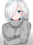  alternate_costume bad_id bad_pixiv_id blue_eyes blush breasts casual hair_ornament hair_over_one_eye hairclip hamakaze_(kantai_collection) highres kantai_collection looking_at_viewer medium_breasts open_mouth short_hair sleeves_past_wrists solo suzuharu_toufu sweater white_hair 
