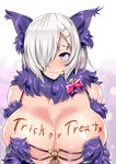  absurdres animal_ears blue_eyes body_writing breasts cleavage commentary_request cosplay dangerous_beast fang fang_out fate/grand_order fate_(series) hair_ornament hair_over_one_eye hairclip halloween halloween_costume hamakaze_(kantai_collection) highres huge_breasts kantai_collection look-alike looking_at_viewer mash_kyrielight mash_kyrielight_(cosplay) revision sankakusui scarf short_hair silver_hair simple_background solo trick_or_treat wolf_ears 