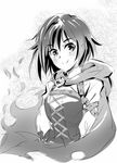  belt brooch cape dress greyscale iesupa jewelry looking_at_viewer monochrome petals ruby_rose rwby short_hair smile solo 