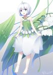 2016 :d ahoge barefoot blue_eyes camisole collarbone criss-cross_halter dated dew_drop eyebrows eyebrows_visible_through_hair floral_background flower frilled_skirt frills full_body gradient gradient_background green_shirt halter_top halterneck head_tilt lily_(flower) lily_of_the_valley looking_at_viewer makadamixa minigirl number open_mouth original personification shirt short_hair signature silver_hair skirt skirt_hold smile solo water_drop white_flower white_skirt 