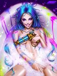  ayya_saparniyazova bath bathing bathtub blue_hair breasts covering covering_breasts hair_down highres jinx_(league_of_legends) league_of_legends long_hair looking_at_viewer md5_mismatch navel nude paint_splatter partially_submerged realistic resized runny_makeup small_breasts smile soap_bubbles solo stomach underboob upscaled water weapon wet wet_hair 