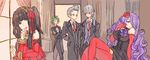  3boys arms_behind_back biting black_dress black_eyes black_hair bow bowtie breasts camilla_(fire_emblem_if) closed_eyes crossed_arms curtains detached_sleeves dress elbow_gloves expressionless fire_emblem fire_emblem_if flower formal gloves green_hair grey_eyes grey_hair hair_flower hair_ornament hair_over_one_eye hairband hand_on_own_cheek idolmaster idolmaster_cinderella_girls indoors joker_(fire_emblem_if) large_breasts long_hair looking_at_another looking_at_viewer multiple_boys multiple_girls nail_biting necktie parody purple_eyes purple_hair purple_ribbon red_dress red_gloves red_neckwear ribbon rose short_dress short_hair shourou_kanna silas_(fire_emblem_if) silver_hair straight_hair suit suzukaze_(fire_emblem_if) syalla_(fire_emblem_if) thighhighs thighs very_long_hair wavy_hair window zettai_ryouiki 