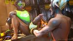  2boys 3d dark_skin drooling fellatio handjob interracial junkrat_(overwatch) killystein lucio_(overwatch) male_focus multiple_boys muscle overwatch penis penis_grab saliva sitting source_filmmaker upper_body yaoi 