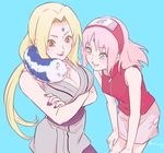  blonde_hair blue_background blush breasts brown_eyes cleavage crossed_arms facial_mark forehead_mark forehead_protector from_above haruno_sakura katsuyu_(naruto) konohagakure_symbol large_breasts lipstick makeup medium_breasts multiple_girls nail_polish naruto naruto_(series) naruto_shippuuden pink_hair purple_nails red_lips risuo skirt slug smile tsunade twitter_username 