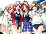  blonde_hair brown_hair buruma competition_swimsuit gym_uniform joy_ride libido long_hair looking_at_viewer multiple_girls one-piece_swimsuit ponytail posing purple_hair red_hair school_uniform short_hair sokkou_hikaku_jirai_circle swimsuit tennis_uniform 