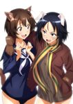  :d animal_ears arm_around_neck black_hair blue_eyes brave_witches brown_eyes brown_hair gloves grin highres kanno_naoe karibuchi_hikari multiple_girls open_mouth short_hair smile ulrich_(tagaragakuin) world_witches_series 