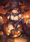  bare_shoulders bat bat_wings black_gloves black_legwear blue_eyes boots breasts brown_hair candy cape checkered checkered_floor cleavage commentary elbow_gloves food gloves halloween halloween_costume hat highres jack-o'-lantern large_breasts leotard lollipop looking_at_viewer pumpkin sitting solo tetsuo_(amenohutikoma) thighhighs twintails wings witch_hat 