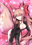  1girl absurdres animal_ears black_bodysuit bodysuit bow breasts cleavage collarbone eyebrows_visible_through_hair fate/grand_order fate_(series) fox_ears fox_tail glasses hair_bow highres koyanskaya large_breasts long_hair looking_at_viewer nepsuka_(hachisuka) pink_hair pink_ribbon ribbon side_ponytail smile solo tail tamamo_(assassin)_(fate) tamamo_(fate)_(all) tongue very_long_hair yellow_eyes 