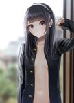 arm_up bangs black_hair blunt_bangs blurry breasts brown_eyes buttons collarbone depth_of_field hairband jacket kentaurosu long_hair long_sleeves looking_at_viewer matsuno_chiya naked_coat navel open_clothes original pocket school_uniform silver_hairband small_breasts solo unbuttoned 