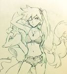  bikini_top cowboy_shot earrings gen_7_pokemon graphite_(medium) hair_ornament highres jewelry kasumi_(pokemon) long_hair monochrome older one_eye_closed pokemon pokemon_(anime) pokemon_(classic_anime) pokemon_(creature) primarina sei_jun short_shorts shorts side_ponytail star star_hair_ornament traditional_media 