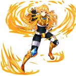  1girl absurdres ahoge armor aura avaloki black_bodysuit black_legwear blonde_hair bodysuit breasts commentary commission english_commentary fire full_body gloves gold gold_armor highres large_breasts long_hair orange_scarf red_eyes rockman rockman_zx rwby scarf smile solo solo_focus wavy_hair white_background yang_xiao_long 