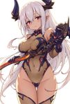  :o ass_visible_through_thighs bangs bare_shoulders borrowed_character breasts colo_mag-chan covered_navel cowboy_shot draph gloves granblue_fantasy hair_between_eyes haoni highleg highleg_leotard holding holding_weapon horns leotard long_hair looking_at_viewer medium_breasts pointy_ears red_eyes solo standing thigh_gap thighhighs very_long_hair weapon white_background white_hair 