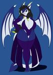  2016 anthro blue_background breasts claws cleavage clothed clothing dragon female hair hands_on_hip hi_res horn legwear long_hair looking_at_viewer multicolored_hair open_mouth purple_eyes simple_background solo suirano toe_claws two_tone_hair wings 