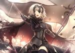  :o ahoge armor armored_dress backlighting black_legwear breasts cape commentary_request cowboy_shot fate/grand_order fate_(series) flag foreshortening fur-trimmed_cape fur_collar fur_trim gauntlets glint headpiece holding holding_sword holding_weapon jeanne_d'arc_(alter)_(fate) jeanne_d'arc_(fate)_(all) kagachi_saku medium_breasts open_mouth short_hair silver_hair solo sword thighhighs torn_cape v-shaped_eyebrows weapon yellow_eyes 