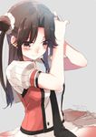  2016 adjusting_hair alternate_hairstyle black_neckwear blush brown_eyes brown_hair closed_mouth commentary_request cosplay dated double-breasted double_bun hair_ornament hair_scrunchie half_updo jintsuu_(kantai_collection) kantai_collection koruri long_hair naka_(kantai_collection) naka_(kantai_collection)_(cosplay) necktie out_of_frame remodel_(kantai_collection) school_uniform scrunchie short_sleeves solo twitter_username upper_body 