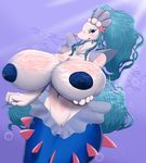  4_fingers anthro big_breasts blush breast_squish breasts bubble female gradient_background hair huge_breasts hyper hyper_breasts invalid_color megustalikey nintendo pok&eacute;mon primarina pussy sea simple_background solo tongue tongue_out underwater video_games water white_skin 