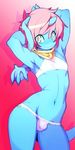  2016 anthro armpits blue_skin bulge clothed clothing collar crop_top devin_(onta) doxy floppy_ears front_view girly gradient_background green_eyes hair hands_behind_head horn jewelry looking_at_viewer male membranous_wings midriff onta portrait pose red_hair seductive shirt simple_background skimpy small_wings smile solo standing thong three-quarter_portrait unigan wide_hips wings 