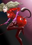  1girl ass blue_eyes bodysuit boots breasts cameltoe earrings from_behind gloves hairclip jewelry latex latex_gloves latex_suit long_hair looking_back medium_breasts open_mouth persona persona_5 platinum_blonde purple_gloves shiny shiny_clothes shiny_hair sideboob skin_tight solo tail takamaki_ann thigh_boots thighs tied_hair twintails whip zipper 