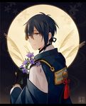  black_gloves blue_eyes blue_hair flower full_moon gloves japanese_clothes looking_back male_focus mikazuki_munechika moon sayagata sky smile solo star_(sky) starry_sky touken_ranbu yori_(y_rsy) 