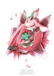  absurdres blush character_name dated fomantis full_body gen_7_pokemon highres holding insect_girl kenshih looking_at_viewer lurantis no_humans orchid_mantis petals pokemon pokemon_(creature) praying_mantis red_eyes sitting striped white_background 
