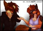  anthro canine clothed clothing duo english_text facepalm female fur hair jackiejackal mammal open_mouth teeth text 