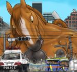  artist_request brown_hair bus city furry giantness horse penis police_car sky vehicle yellow_eyes 