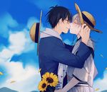  black_hair blue_sky closed_eyes cloud day flower hat imminent_kiss japanese_clothes male_focus mikazuki_munechika multiple_boys open_mouth petals sky smile straw_hat sunflower touken_ranbu tsurumaru_kuninaga white_hair yaoi yori_(y_rsy) 