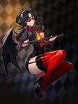  black_hair blue_eyes breasts demon_girl destiny_child eyepatch full_body garter_straps garters goomrrat hades_(destiny_child) high_heels miniskirt puffy_sleeves red_legwear ruler skirt skull_print solo sts thighhighs wings zettai_ryouiki 