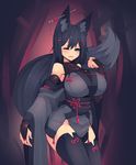  ;d animal_ear_fluff animal_ears bare_shoulders black_hair black_legwear blue_eyes breasts bridal_gauntlets cowboy_shot detached_sleeves ear_piercing fox_ears fox_tail gloves hair_ornament hairclip halter_top halterneck highres huge_breasts kiri_(sub-res) long_hair looking_at_viewer notched_ear one_eye_closed open_mouth original piercing smile solo sub-res tail thighhighs 