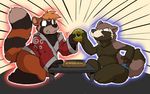  bottomless clothed clothing doughnut duo fight food fundoshi housepets! hybrid itsuki_(housepets!) japanese_clothing kimono male mammal nogitsunegabriel overweight overweight_male red_panda rick_griffin snarling table tanuki topless underwear zoom_lines 