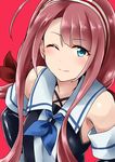  ;) armpits bangs bare_shoulders blue_eyes blunt_bangs brown_hair closed_mouth elbow_gloves eyebrows eyebrows_visible_through_hair gloves hair_ribbon hairband highres kamelie kantai_collection kawakaze_(kantai_collection) long_hair looking_at_viewer low_twintails one_eye_closed parted_bangs red_background red_ribbon ribbon school_uniform serafuku sidelocks smile solo twintails upper_body 