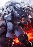  :d aircraft_carrier_hime boots breasts delta_monster dress enemy_aircraft_(kantai_collection) grey_skin kantai_collection large_breasts long_hair looking_down navel one_side_up open_mouth red_eyes shinkaisei-kan smile solo thigh_boots thighhighs torn_clothes torn_dress underboob white_hair 
