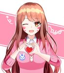  ;d animal_print blush brown_eyes brown_hair bunny_print buttons character_name collared_shirt d.va_(overwatch) dress_shirt eyebrows eyebrows_visible_through_hair facepaint facial_mark fingernails hands_up heart heart_hands highres long_hair looking_at_viewer niji_(rudduf232) one_eye_closed open_mouth overwatch pink_sweater shirt sleeves_past_elbows smile solo sweater upper_body whisker_markings white_shirt 