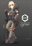  1girl absurdres blonde_hair chinese_commentary commentary_request english_text exoskeleton gloves gun hand_rest headphones highres holster light_machine_gun load_bearing_equipment original sherman_(egnk2525) short_hair solo weapon yellow_eyes 