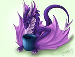  blue_eyes claws cup dragon female feral horn lying membranous_wings nude oksara purple_scales scales simple_background smile solo spines white_background wings 
