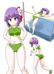  alternate_costume buruma flower hair_flower hair_ornament hair_ribbon hieda_no_akyuu high_jump jumping kousei_(public_planet) multiple_views navel pole purple_eyes purple_hair relay_baton ribbon running simple_background sports_bikini sports_bra sportswear touhou white_background 