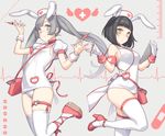  animal_ears arms_up bad_id bad_pixiv_id bag black_hair blue_eyes bunny_ears gloves green_eyes hat high_heels leg_lift long_hair misaka_(05) multiple_girls nurse nurse_cap one-piece_swimsuit original school_swimsuit shoes short_hair silver_hair smile standing standing_on_one_leg swimsuit syringe thigh_strap thighhighs twintails white_legwear white_school_swimsuit white_swimsuit 