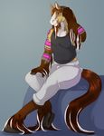  2015 anthro bed brown_eyes brown_fur brown_hair brown_tail clothed clothing crossed_legs dbd digital_media_(artwork) equine feathering front_view full-length_portrait fur hair hand_on_thigh hooved_fingers hooves horse jazzcafe long_hair long_tail looking_at_viewer male mammal multicolored_fur multicolored_hair on_bed pants portrait shirt signature simple_background sitting smile solo tan_fur tank_top two_tone_hair two_tone_tail white_fur white_hair white_tail 